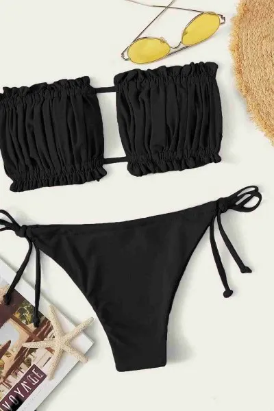 Angelsin Brezilya Model Büzgülü Bağlamalı Bikini Takım Siyah Angelsin Brezilya Model Büzgülü Bağlamalı Bikini Takım Siyah