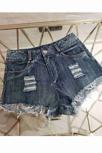 Merry See Arkası Yırtık Detaylı Denim Kot şort Mavi Merry See Arkası Yırtık Detaylı Denim Kot şort Mavi