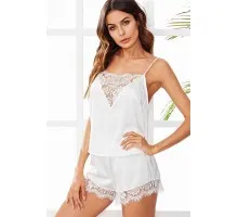 Merry See Dantel İşlemeli Saten şortlu Pijama Takım Beyaz
