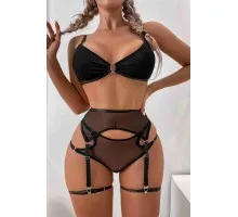 Merry See Fantezi Jartiyer Takım Seksi Sütyen Külot Siyah