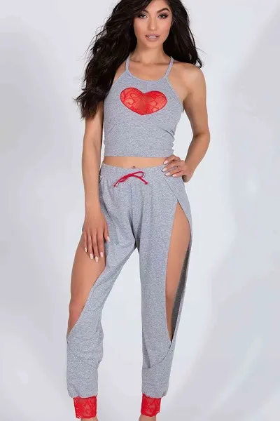 Merry See özel Tasarım Dantel Kalp Tasarımlı Pijama Takım Gri Merry See özel Tasarım Dantel Kalp Tasarımlı Pijama Takım Gri