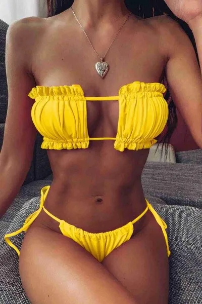 Angelsin Brezilya Model Büzgülü Bağlamalı Bikini üstü Sarı Angelsin Brezilya Model Büzgülü Bağlamalı Bikini üstü Sarı