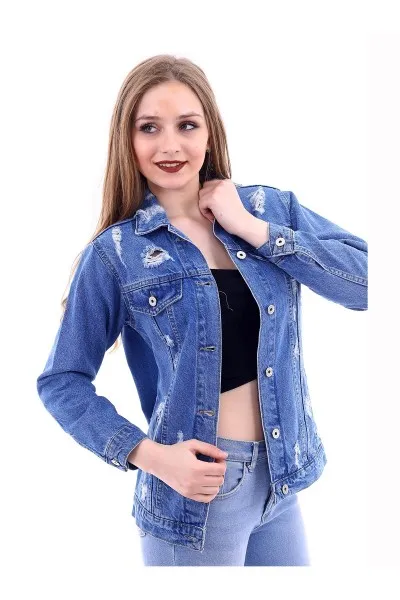 Kadın Mavi Sırt Yazılı Yırtık Denim Ceket Kadın Mavi Sırt Yazılı Yırtık Denim Ceket