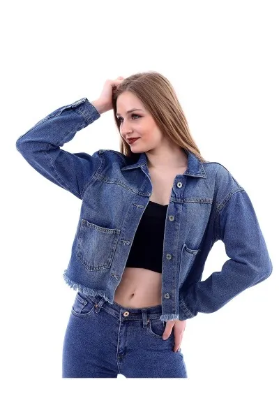 Kadın Yeşil Tint Püsküllü Boyfriend Denim Kot Ceket Kadın Yeşil Tint Püsküllü Boyfriend Denim Kot Ceket