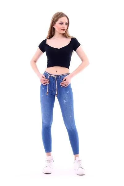 Kadın Mavi Slim Likralı Hasır Bağcıklı Tırnaklı Kot Pantolon Kadın Mavi Slim Likralı Hasır Bağcıklı Tırnaklı Kot Pantolon