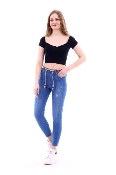 Kadın Mavi Slim Likralı Hasır Bağcıklı Tırnaklı Kot Pantolon Kadın Mavi Slim Likralı Hasır Bağcıklı Tırnaklı Kot Pantolon