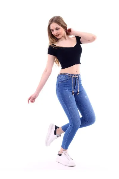 Kadın Mavi Slim Likralı Hasır Bağcıklı Tırnaklı Kot Pantolon Kadın Mavi Slim Likralı Hasır Bağcıklı Tırnaklı Kot Pantolon