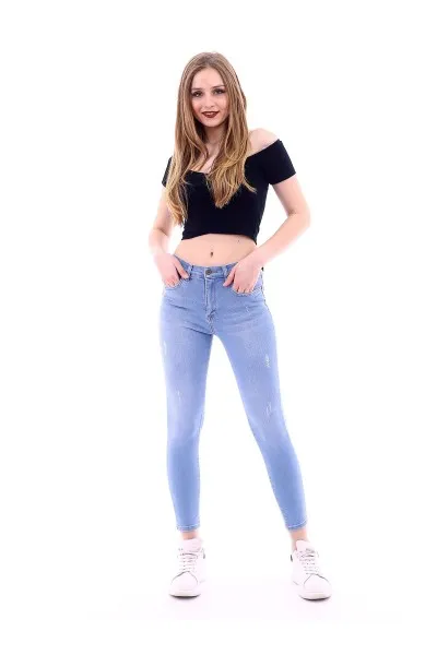 Kadın Buz Mavi Likralı Tırnaklı Yüksek Bel Denim Kot Pantolon Kadın Buz Mavi Likralı Tırnaklı Yüksek Bel Denim Kot Pantolon