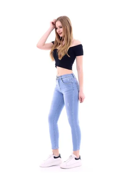 Kadın Buz Mavi Likralı Tırnaklı Yüksek Bel Denim Kot Pantolon Kadın Buz Mavi Likralı Tırnaklı Yüksek Bel Denim Kot Pantolon