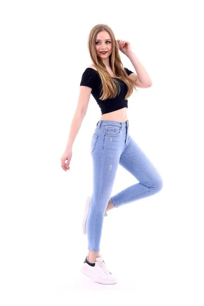 Kadın Buz Mavi Likralı Tırnaklı Yüksek Bel Denim Kot Pantolon Kadın Buz Mavi Likralı Tırnaklı Yüksek Bel Denim Kot Pantolon