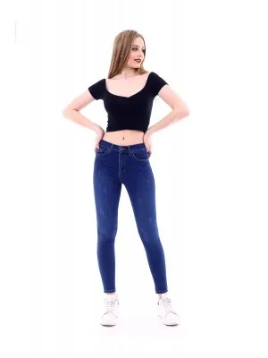 Kadın  Mavi Tint Likralı Lazer Tırnaklı Yüksek Bel Denim Kot Pantolon