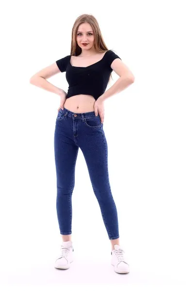 Kadın Koyu Mavi Likralı Yüksek Bel Düz Kot Pantolon Kadın Koyu Mavi Likralı Yüksek Bel Düz Kot Pantolon