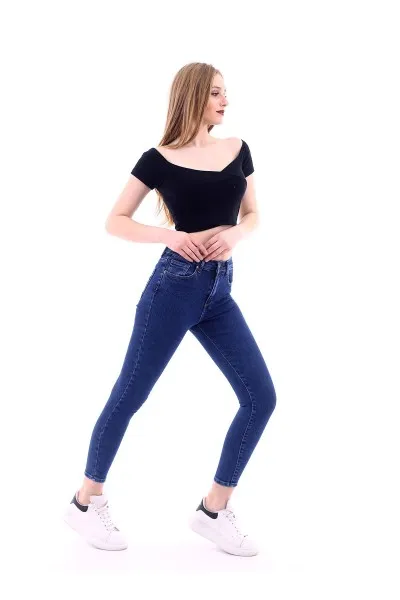Kadın Koyu Mavi Likralı Yüksek Bel Düz Kot Pantolon Kadın Koyu Mavi Likralı Yüksek Bel Düz Kot Pantolon
