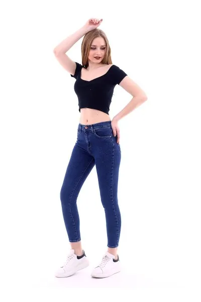 Kadın Koyu Mavi Likralı Yüksek Bel Düz Kot Pantolon Kadın Koyu Mavi Likralı Yüksek Bel Düz Kot Pantolon