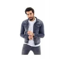 Erkek Gri Likralı Düğmeli Slim Fit Denim Kot Ceket