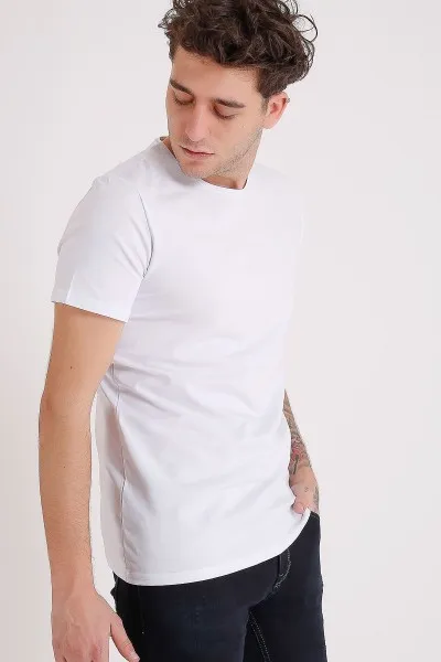Erkek Beyaz Bisiklet Yaka Likralı Basic Tişört Tshirt Erkek Beyaz Bisiklet Yaka Likralı Basic Tişört Tshirt